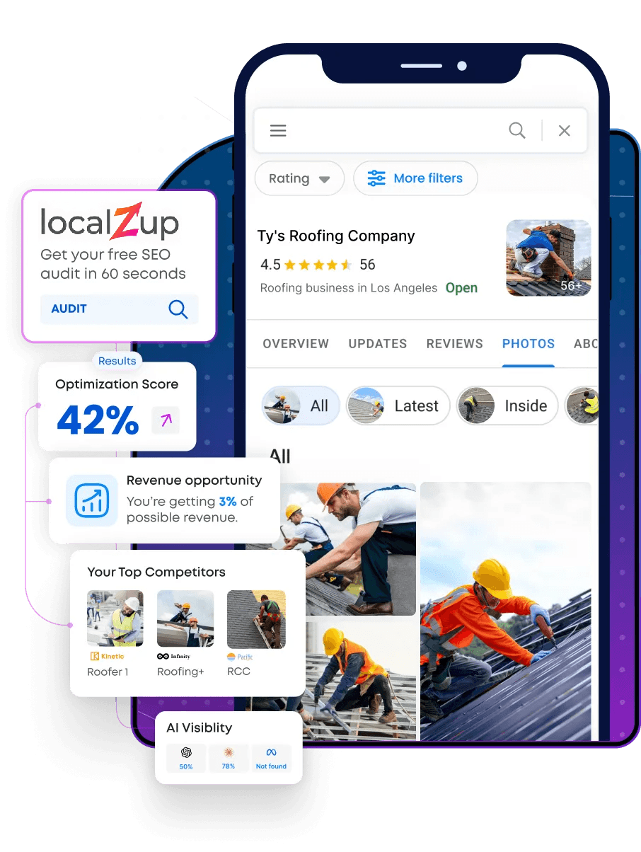 LocalZup GBP audit preview with optimization score, revenue opportunity, top competitors, and AI visibility